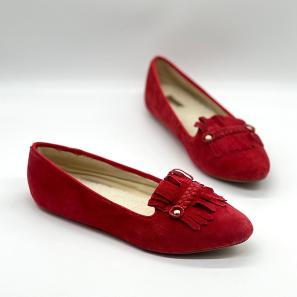 Birdies Shoes - BIRDIES Red Cardinal Suede Flat Womens 9.5 Kiltie Fringe Faux Fur Lined Loafer